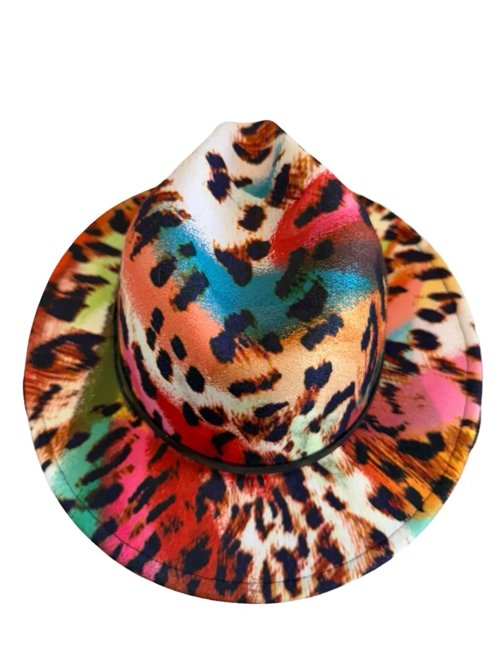 Multicolor Leopard Print Fedora Hat Adjustable Wide Brim Boho Festival One Size